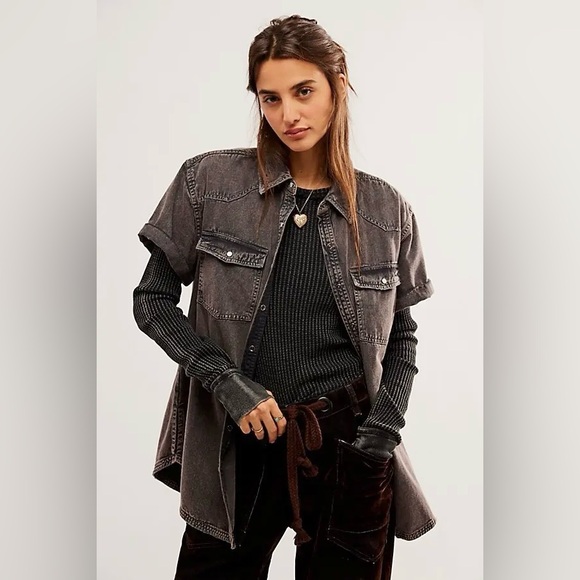 Free People Tops - NWOT Free People The Short Of It Distressed Denim Button Collar Blouse Tee Small